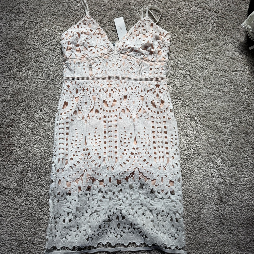 Just Me Nude Dress with White Lace